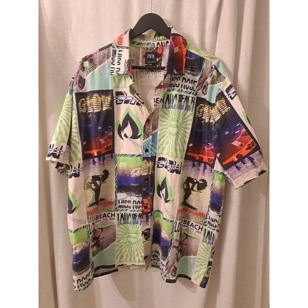 Zara Mens Miss Rose Long Beach Linen Cotton Button Relaxed Shirt, Size Large